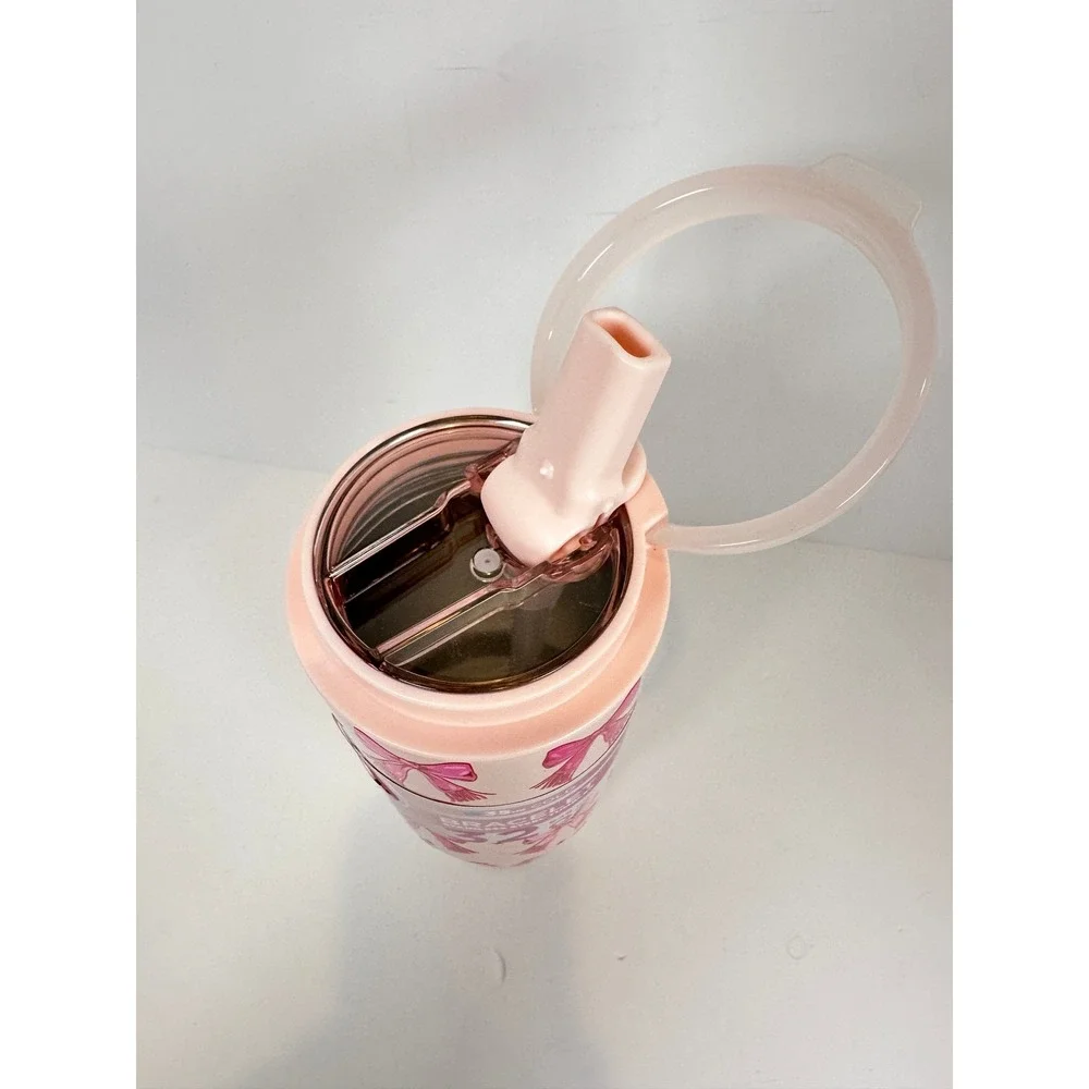 Manna Bracelet Tumbler Women 32oz‎ Pink NEW 3D Bow Stainless Steel Straw Handle
